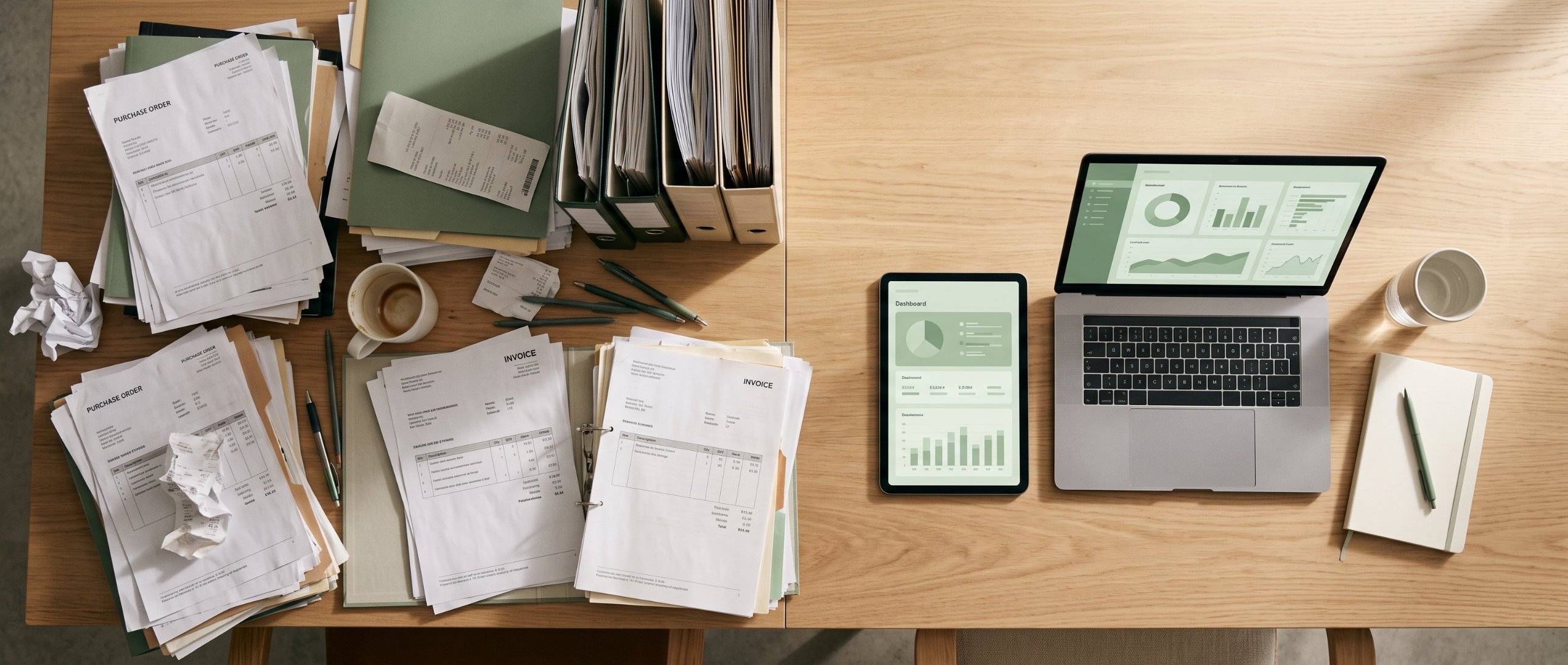 Bureau partagé entre des piles de bons de commande papier et un tableau de bord achats numérique